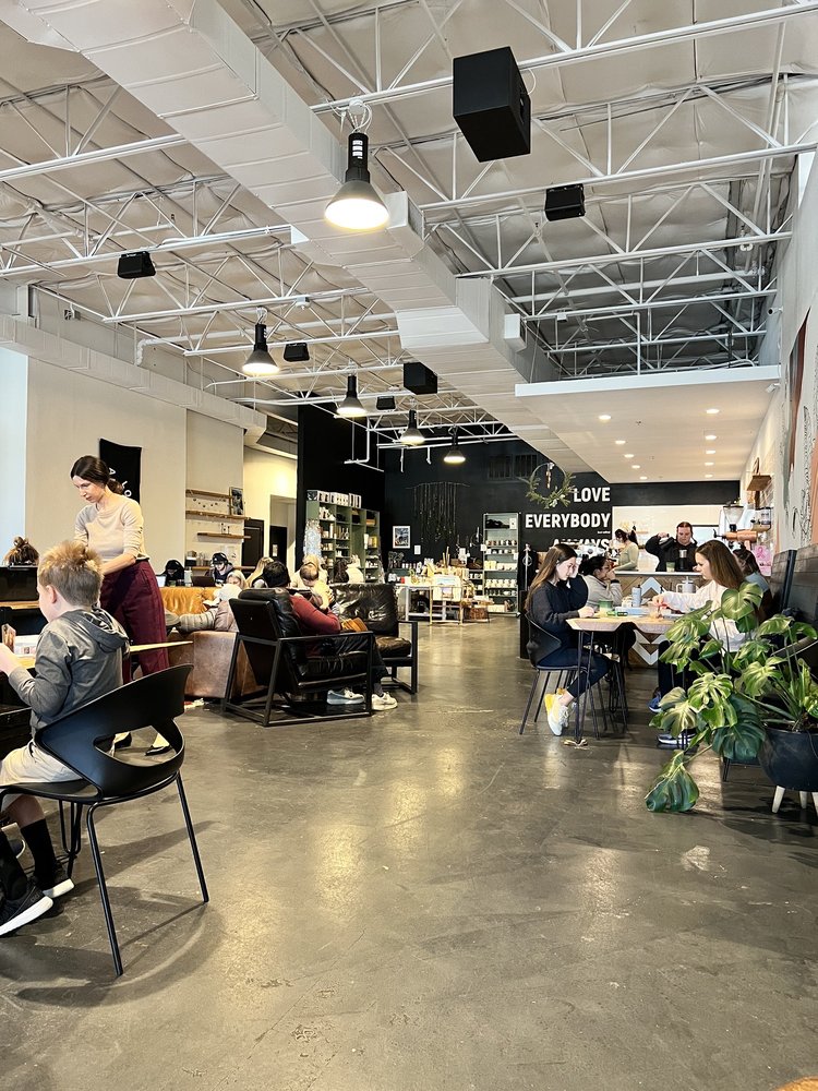 Mudleaf Coffee's spacious interior is warm and inviting